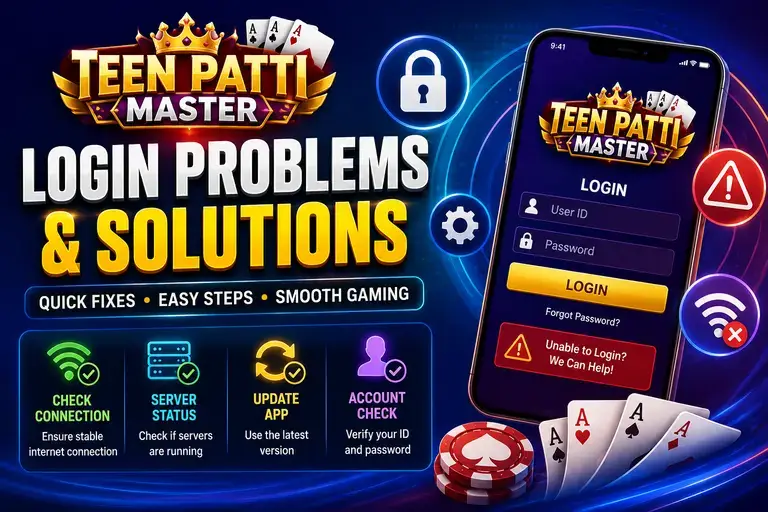 Teen Patti Master login problems and solutions guide showing fixes for OTP issues, login errors, network problems, account recovery, and sign-in troubleshooting in 2026.